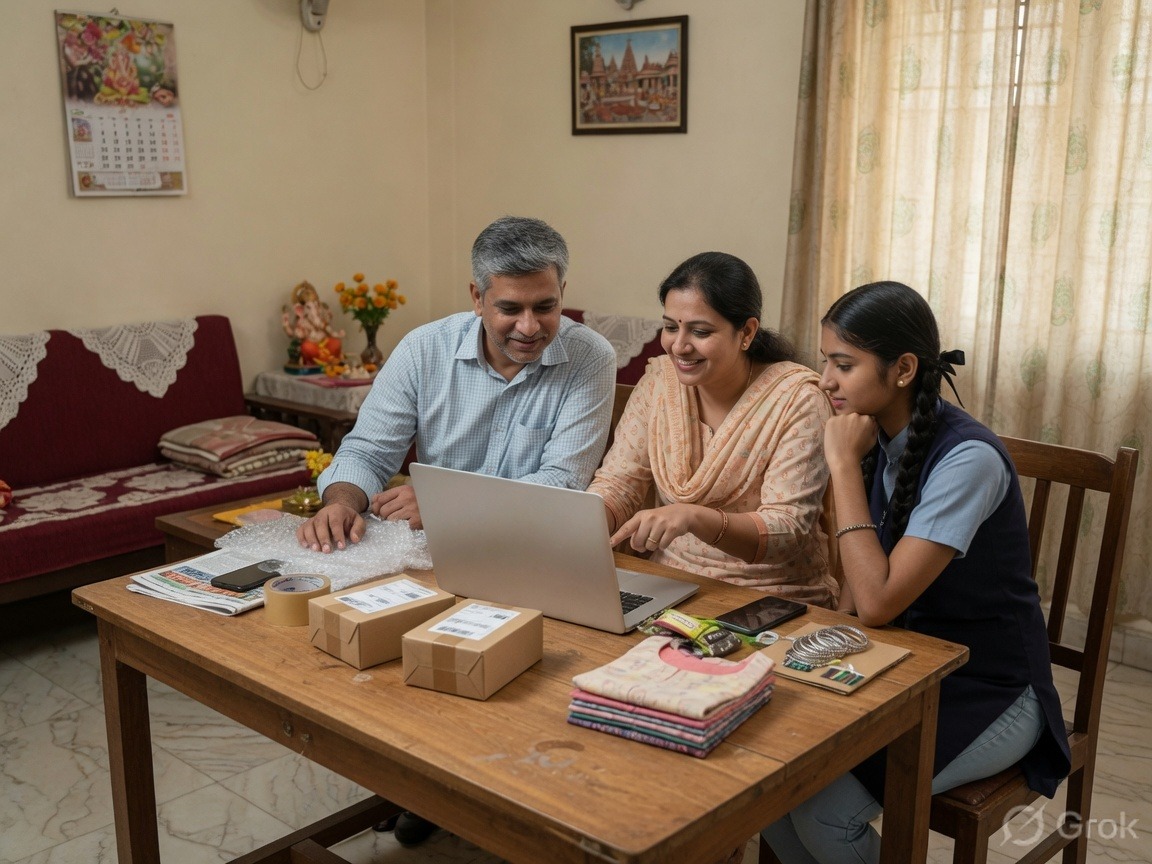 Middle-class Indian family selling products online from home on a laptop